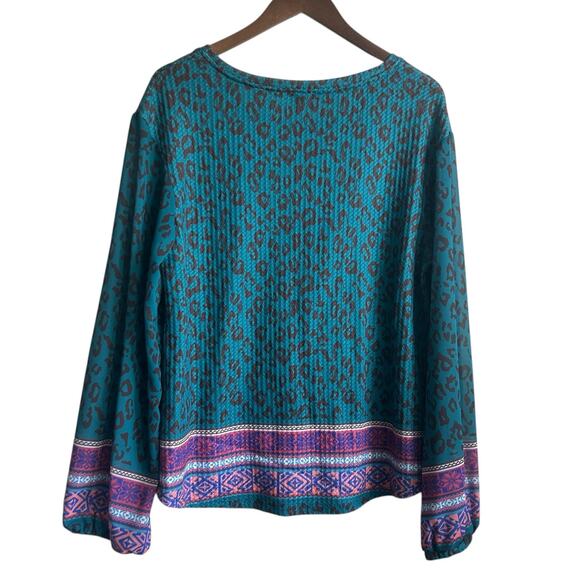Umgee Tunic Top Women L Teal Leopard Print Multimedia Boho Cottagecore Whimsical - Picture 3 of 8